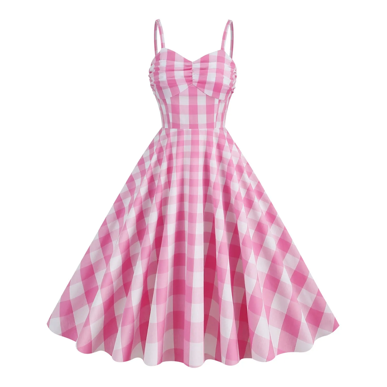 Cosplay Vintage Cotton Holiday Pink Plaid Stripe Spaghetti High Waist Flare Midi Dress