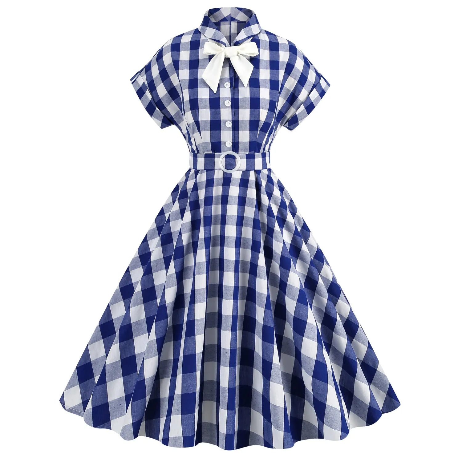 Cosplay Vintage Pink Plaid Bow Tie Midi Flare Dress