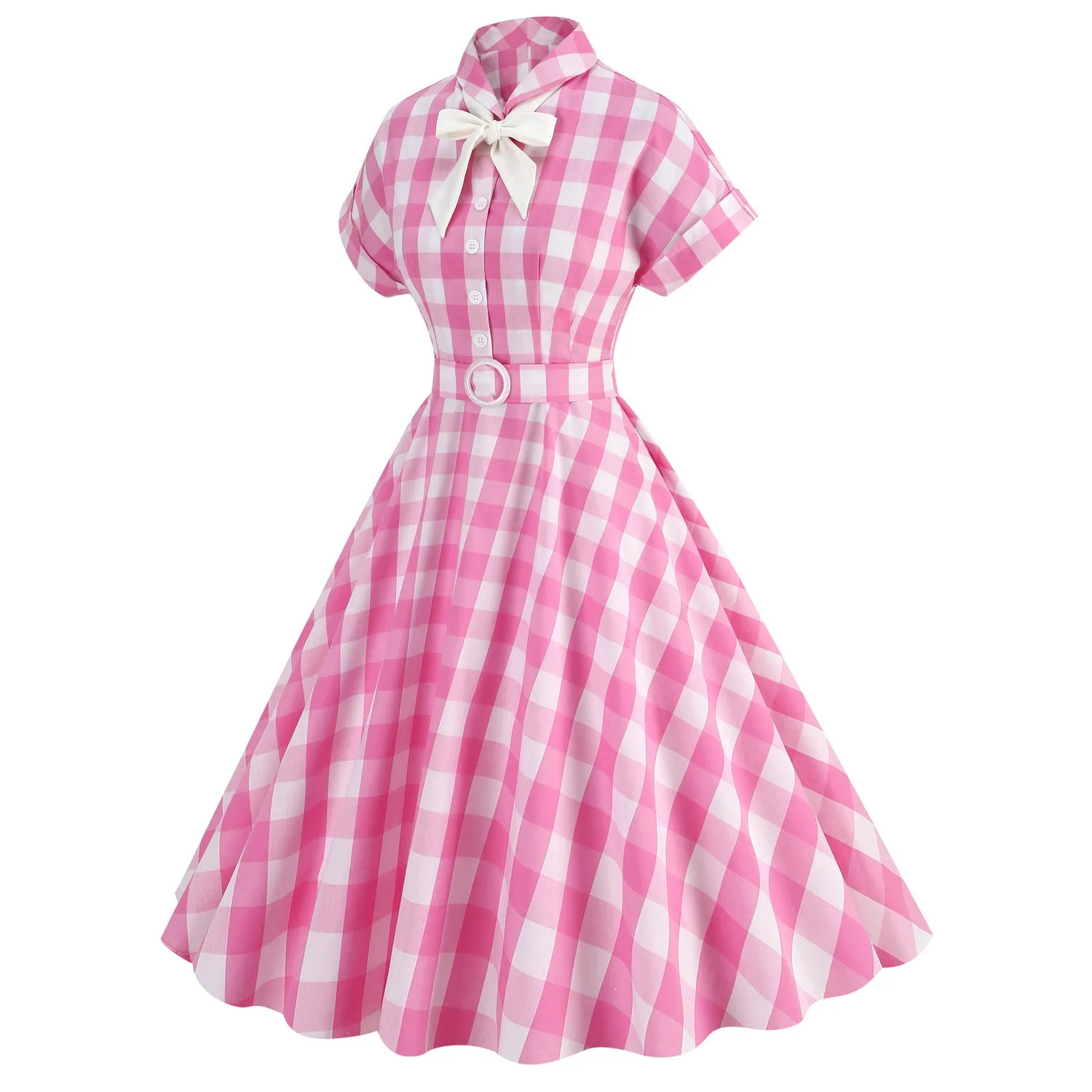 Cosplay Vintage Pink Plaid Bow Tie Midi Flare Dress