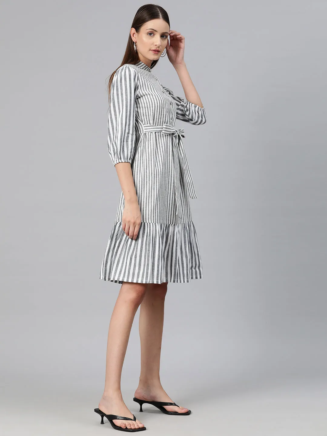 Cottinfab Women Striped Puff Sleeves A-Line Dress with Tie-Up Detail