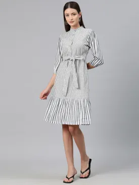 Cottinfab Women Striped Puff Sleeves A-Line Dress with Tie-Up Detail