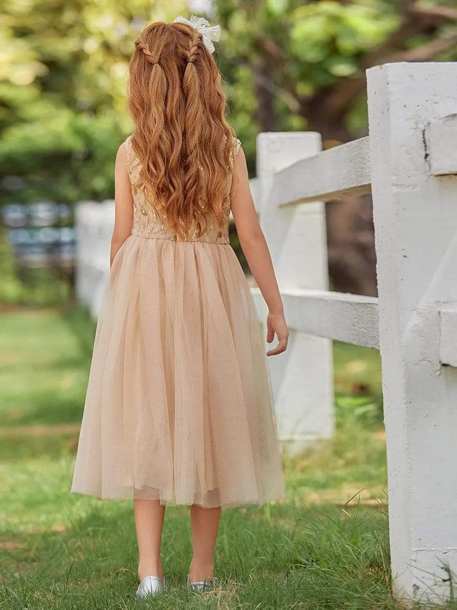 Dainty Sleeveless Tulle Flower Girl Dress for Wedding with Sequin