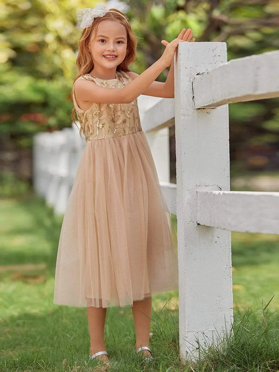 Dainty Sleeveless Tulle Flower Girl Dress for Wedding with Sequin