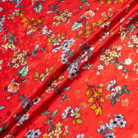 Delicate Floral Printed Red Metallic Silk Jacquard