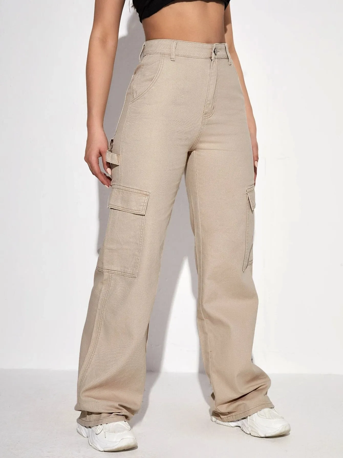 Denim High Waist Slant Pocket Cargo Pant