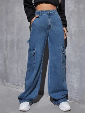 Denim High Waist Slant Pocket Cargo Pant