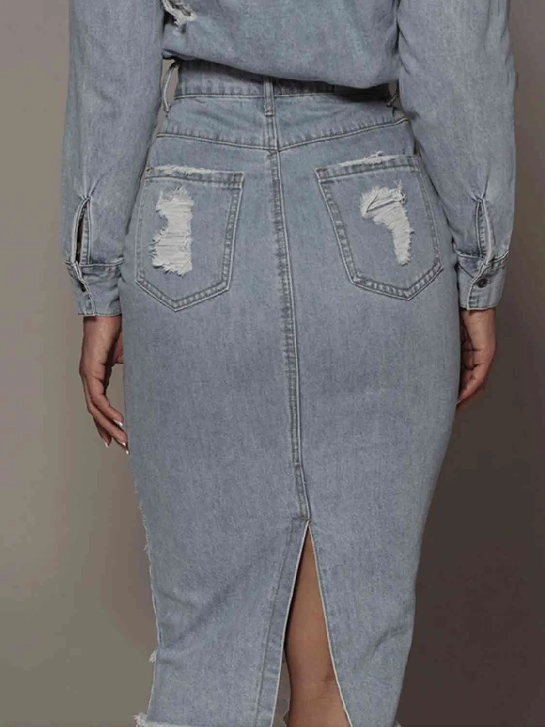 Distressed Slit Denim Midi Skirt