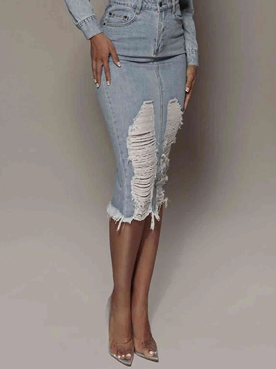 Distressed Slit Denim Midi Skirt