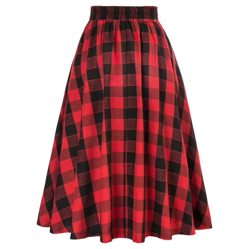 Elastic Waist Plaided Skirt High Waist Buttons Decorated Flared A-Line Skirt with Pockets