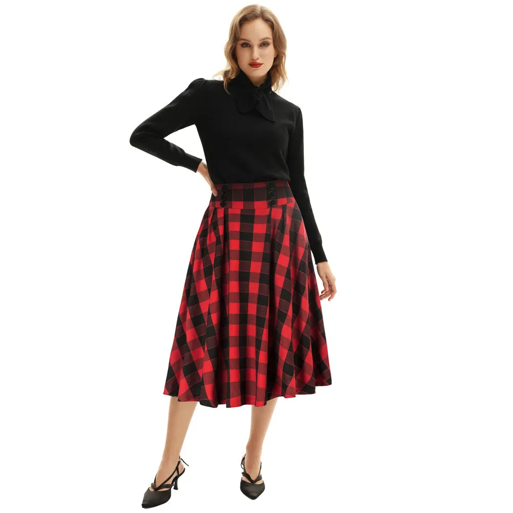 Elastic Waist Plaided Skirt High Waist Buttons Decorated Flared A-Line Skirt with Pockets