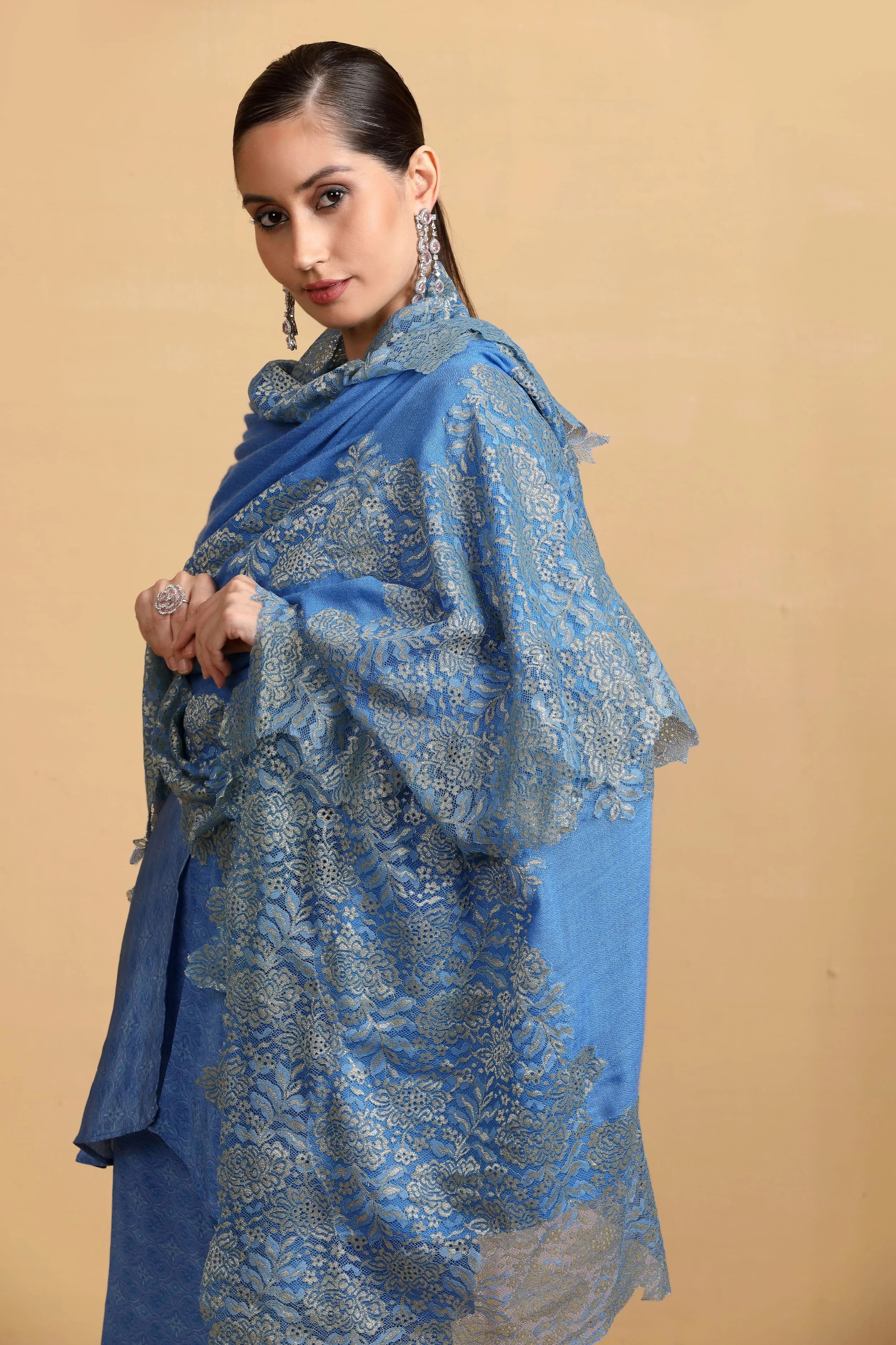 Elegant Blue Lace Shawl for Women - Designer Scarf