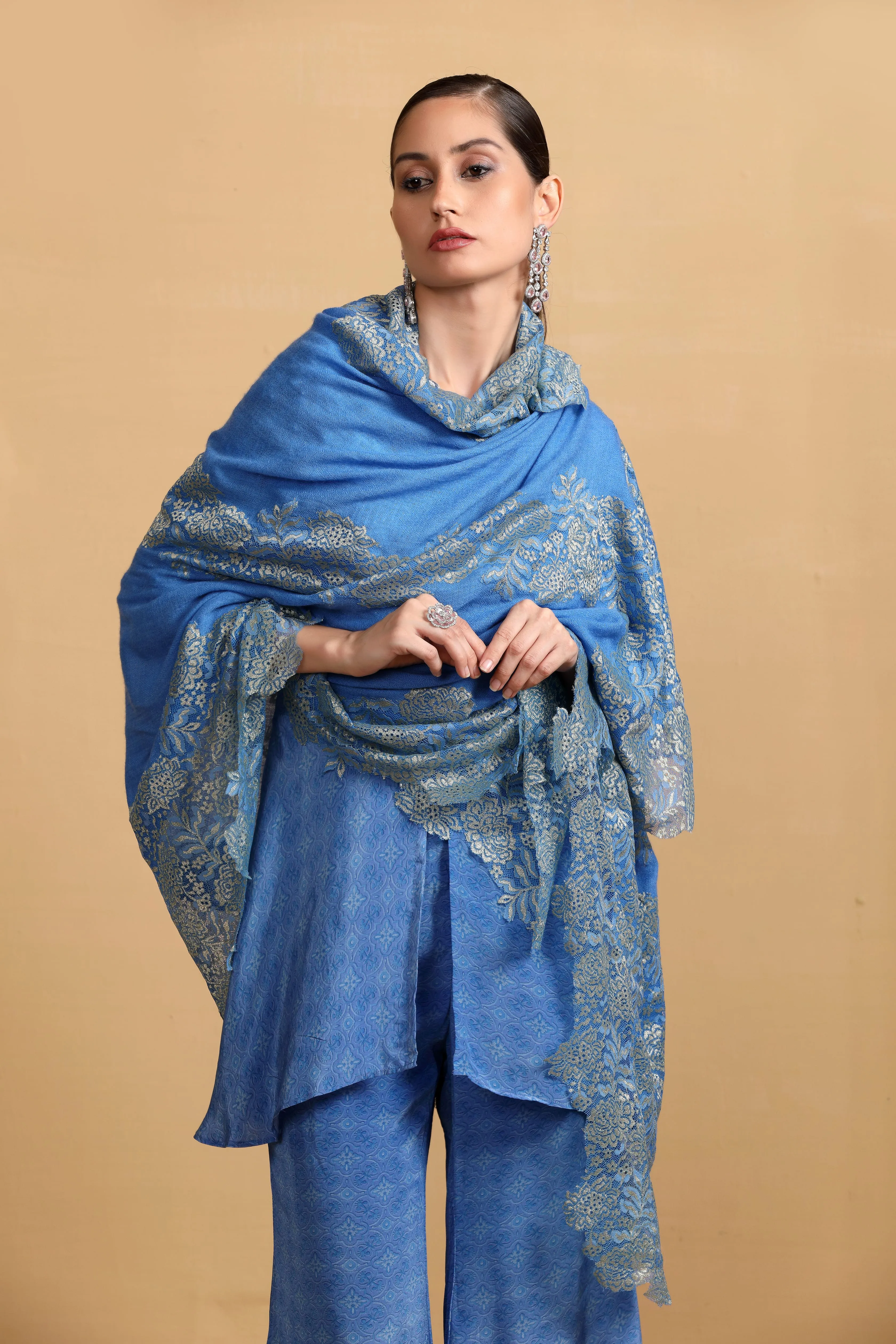 Elegant Blue Lace Shawl for Women - Designer Scarf