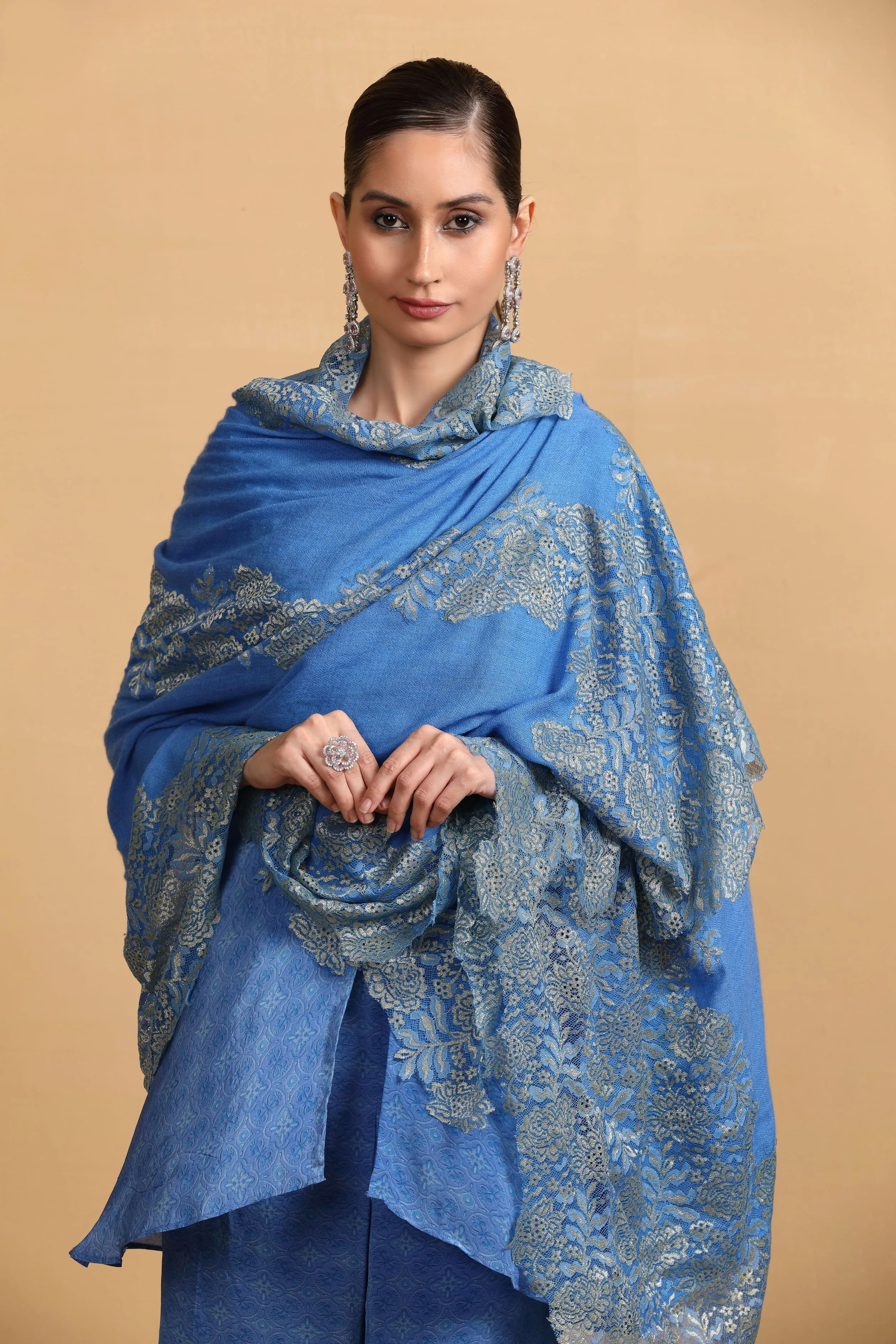 Elegant Blue Lace Shawl for Women - Designer Scarf