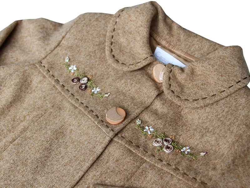 Elegant Girl's Brown Coat with Silk Embroidery Size 6