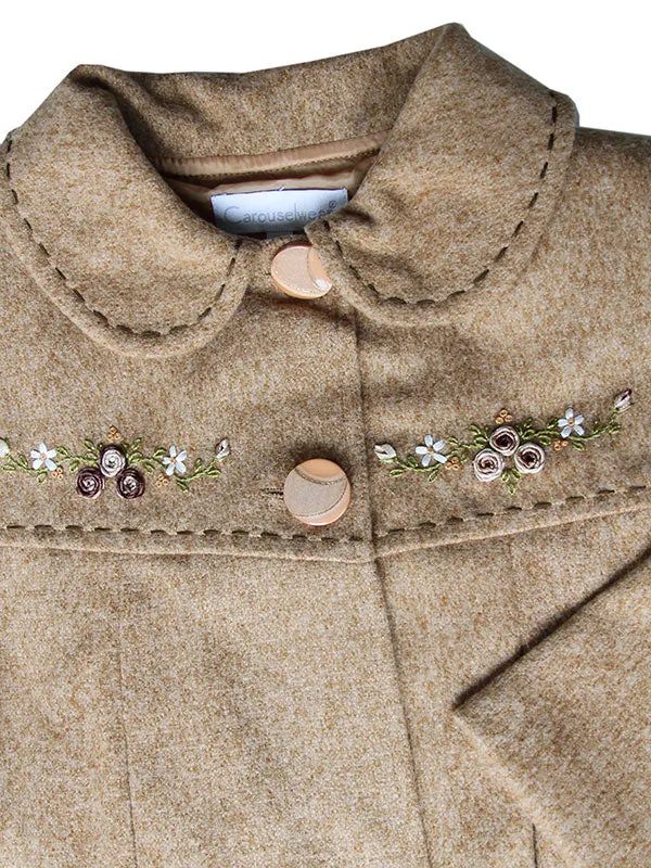 Elegant Girl's Brown Coat with Silk Embroidery Size 6