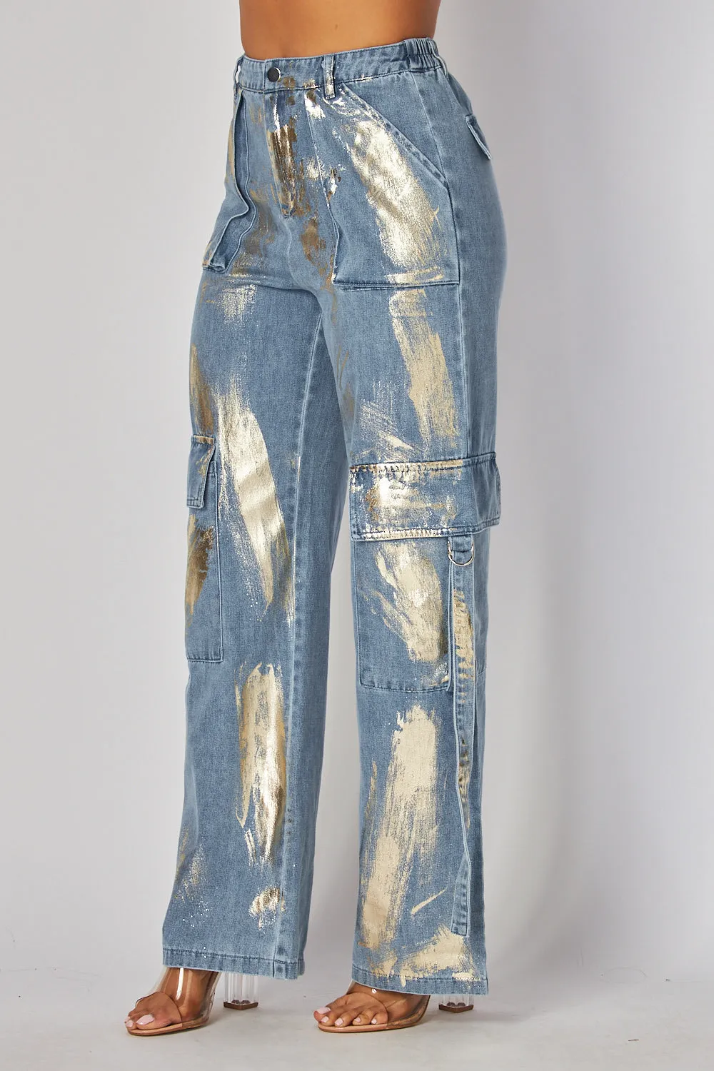 Elisa Gold Metallic Print Cargo Denim Jeans Pants