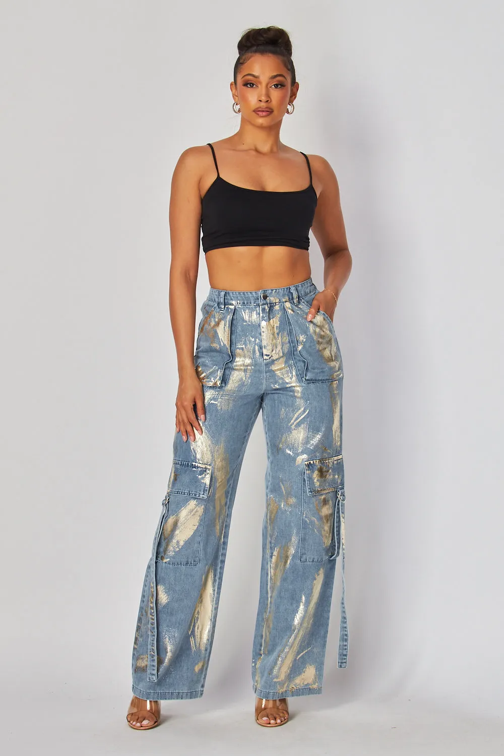 Elisa Gold Metallic Print Cargo Denim Jeans Pants