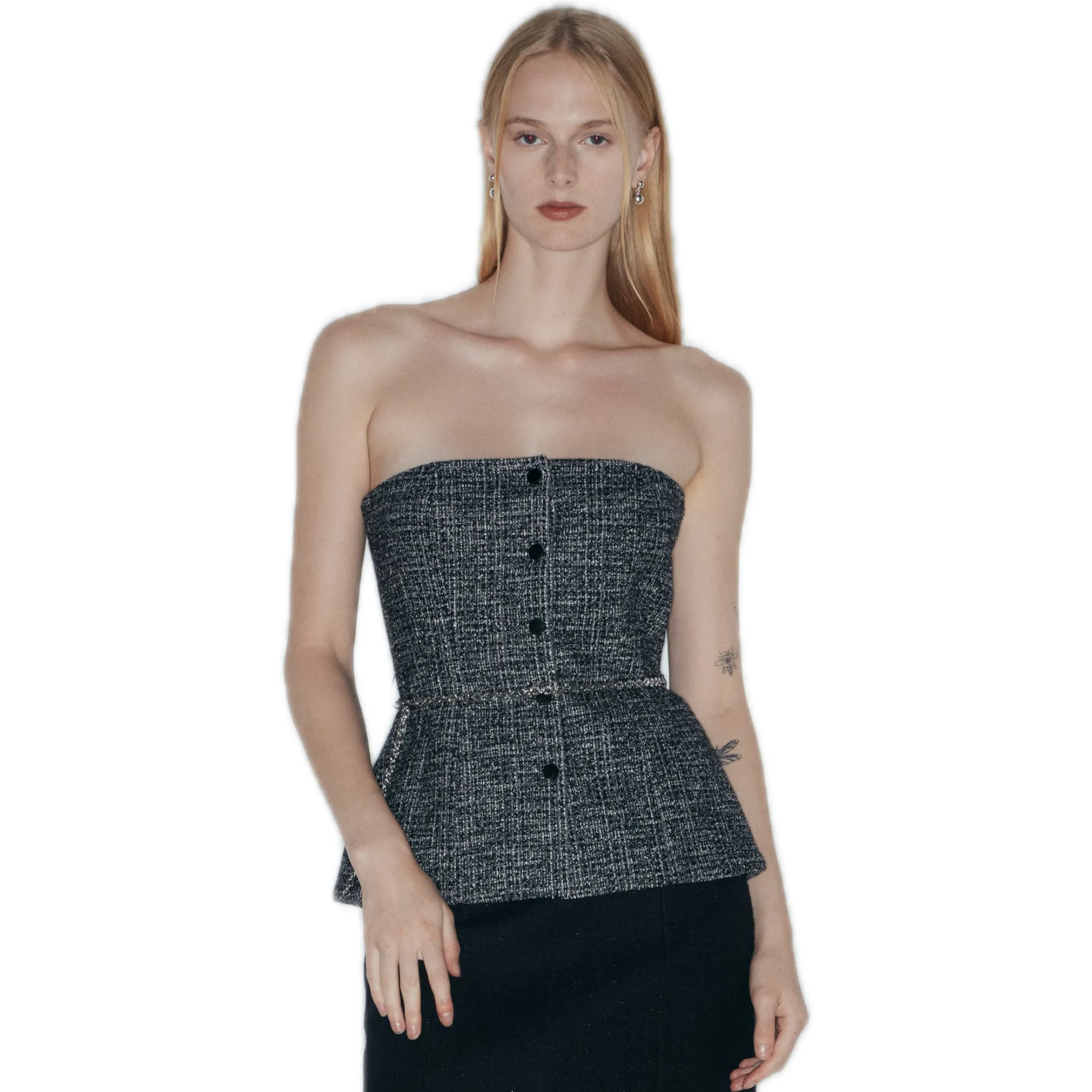 Embellished Tweed Bustier Top In Black White