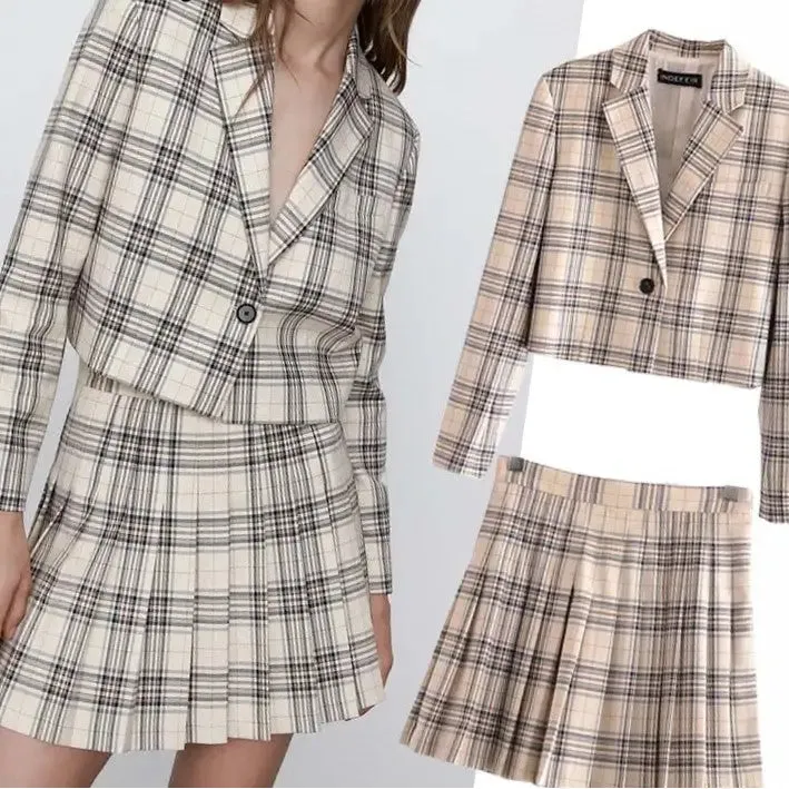 Fashion Plaid Blazer Jackets And Mini Skirts