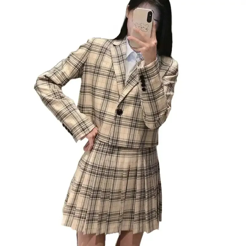 Fashion Plaid Blazer Jackets And Mini Skirts