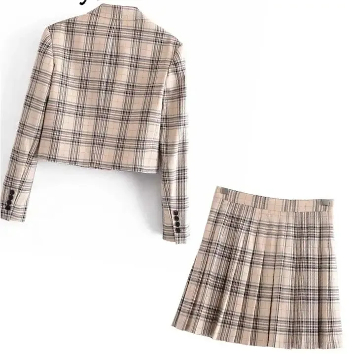 Fashion Plaid Blazer Jackets And Mini Skirts