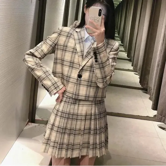 Fashion Plaid Blazer Jackets And Mini Skirts