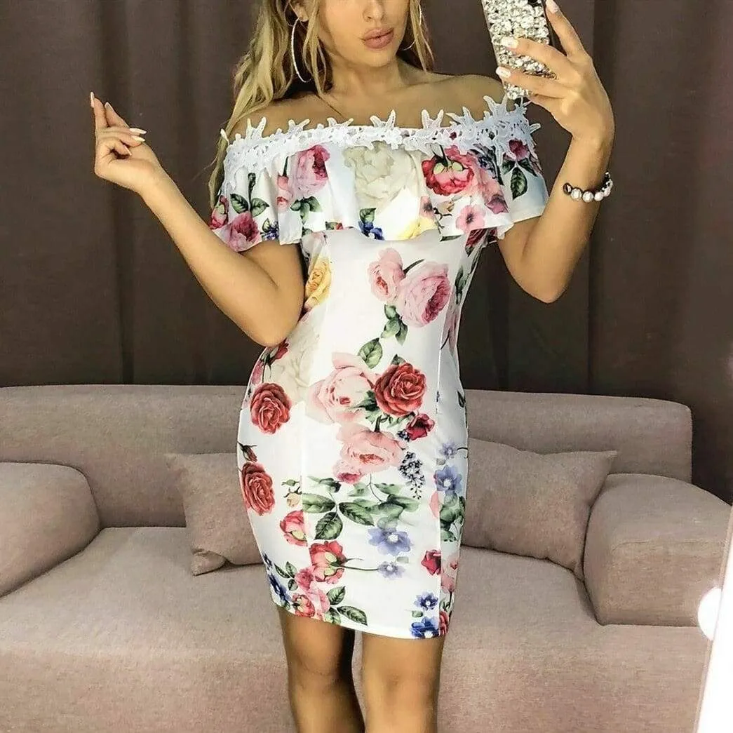 FashionSierra - New Fashion Women Dresses Floral Print Off Shoulder Dress Ruffles Slash neck Sexy Summer Beach Bodycon Mini Sundress