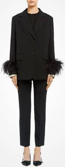 Feather-Trim Suit-Jacket and Trouser Set, Black