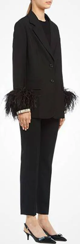 Feather-Trim Suit-Jacket and Trouser Set, Black