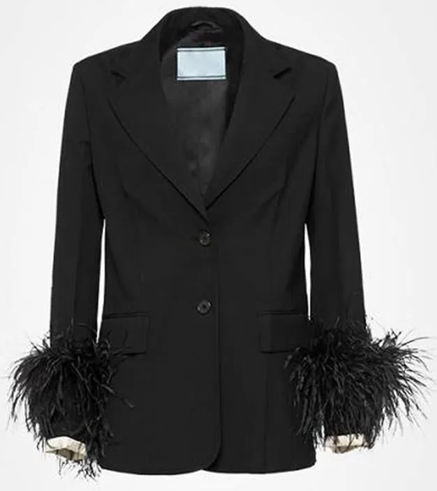 Feather-Trim Suit-Jacket and Trouser Set, Black