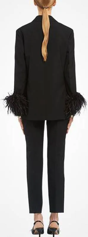 Feather-Trim Suit-Jacket and Trouser Set, Black