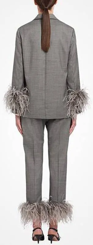 Feather-Trim Suit-Jacket and Trouser Set, Grey