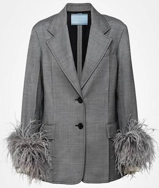 Feather-Trim Suit-Jacket and Trouser Set, Grey