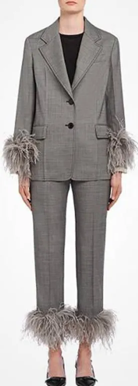 Feather-Trim Suit-Jacket and Trouser Set, Grey