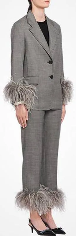 Feather-Trim Suit-Jacket and Trouser Set, Grey