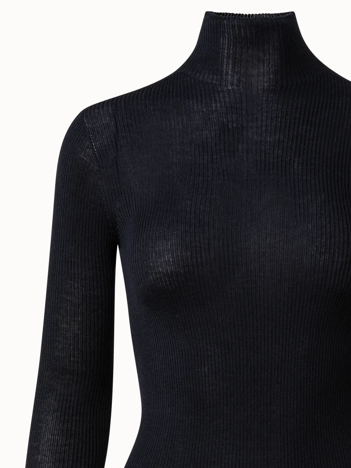 Fine Rib Cashmere Silk Mock Neck Pullover