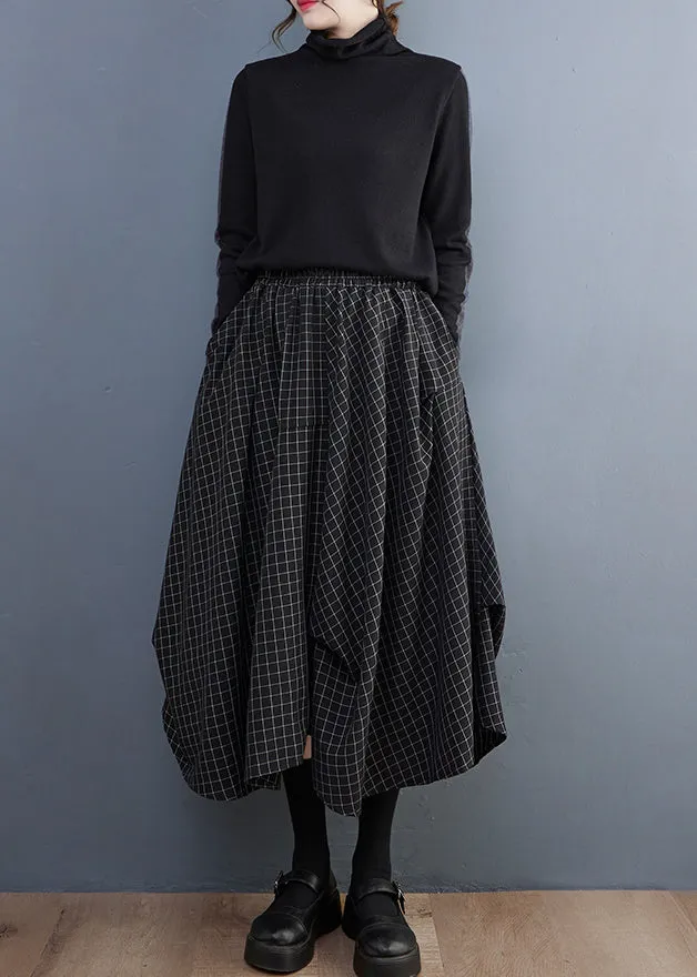 Fitted Black Asymmetrical Design Plaid Cotton Skirts Summer LY2394