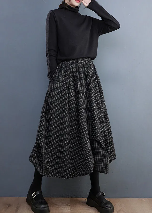 Fitted Black Asymmetrical Design Plaid Cotton Skirts Summer LY2394