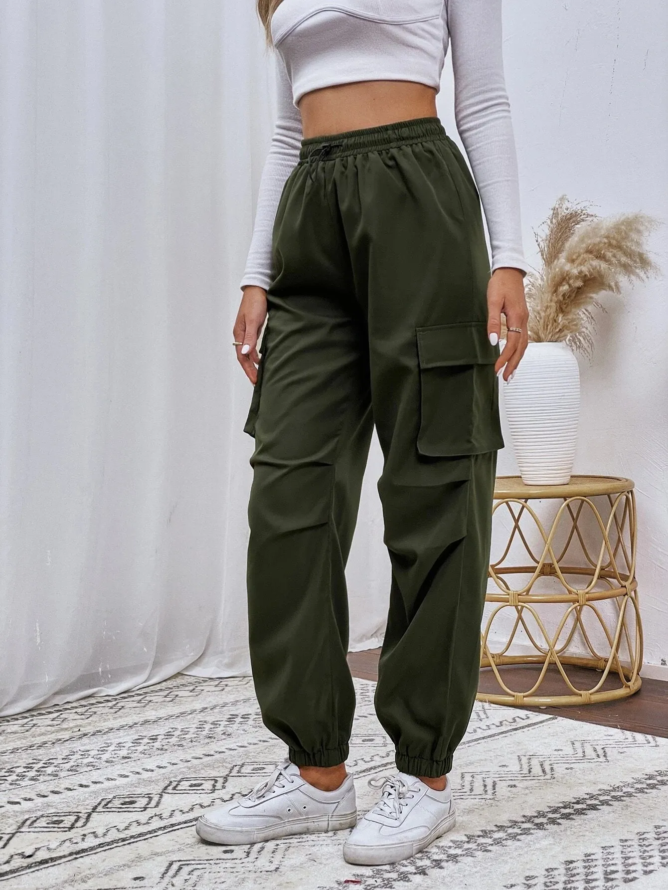 Flap Pocket Drawstring Cargo Pants