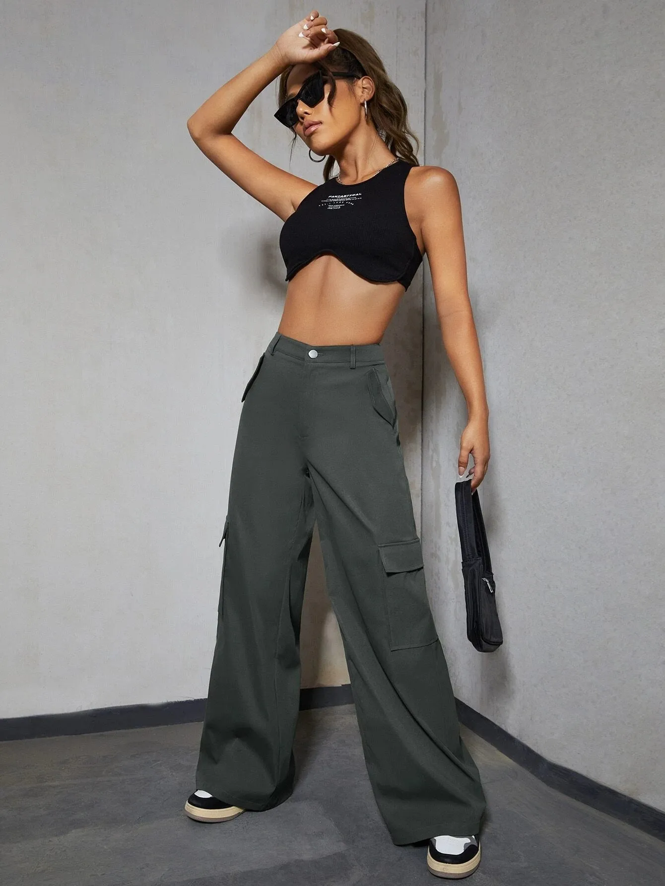 Flap Pocket High Waist Zipper Cargo Pant