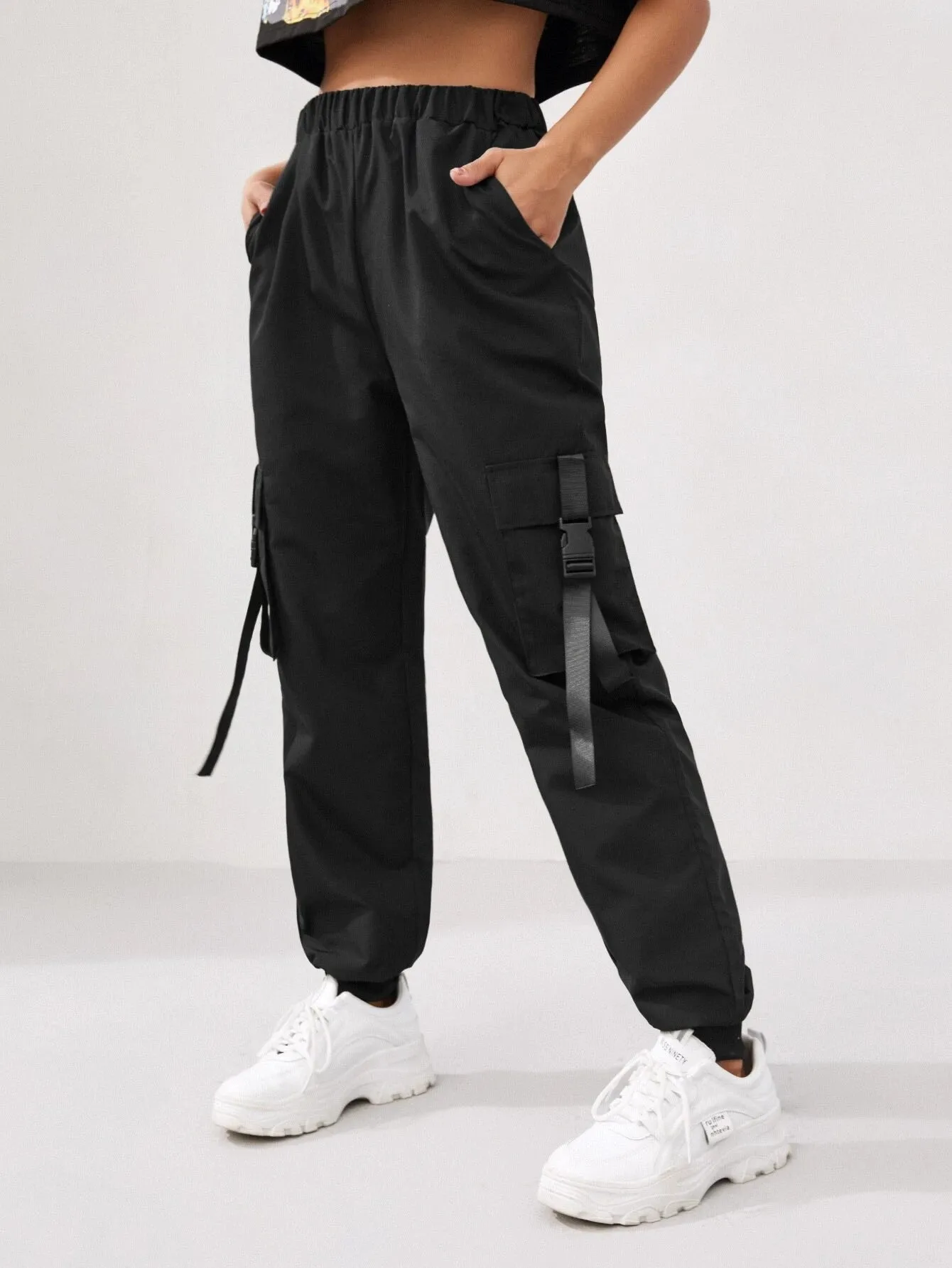 Flap Pocket Solid Color Parachute Cargo Pants