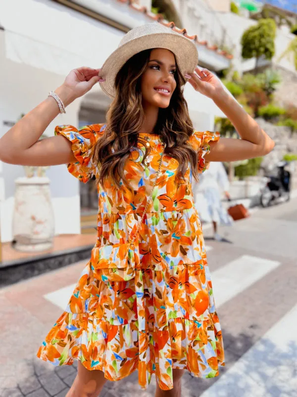 Floral Fabric Riley Trumpet Sleeve Round Neck Printed Irregular Hem Beach Dress