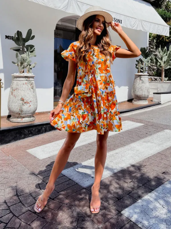 Floral Fabric Riley Trumpet Sleeve Round Neck Printed Irregular Hem Beach Dress