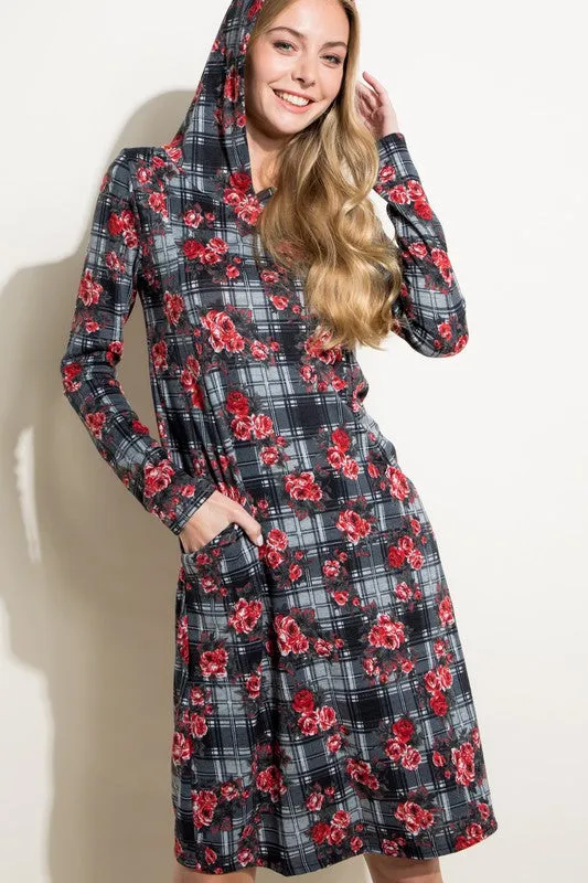 FLORAL PLAID PRINT SIDE POCKET HOODIE MINI DRESS