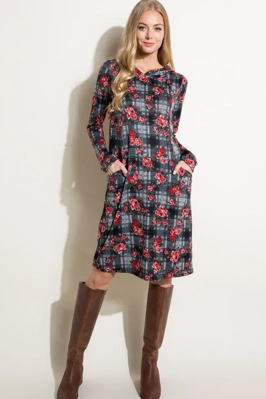 FLORAL PLAID PRINT SIDE POCKET HOODIE MINI DRESS