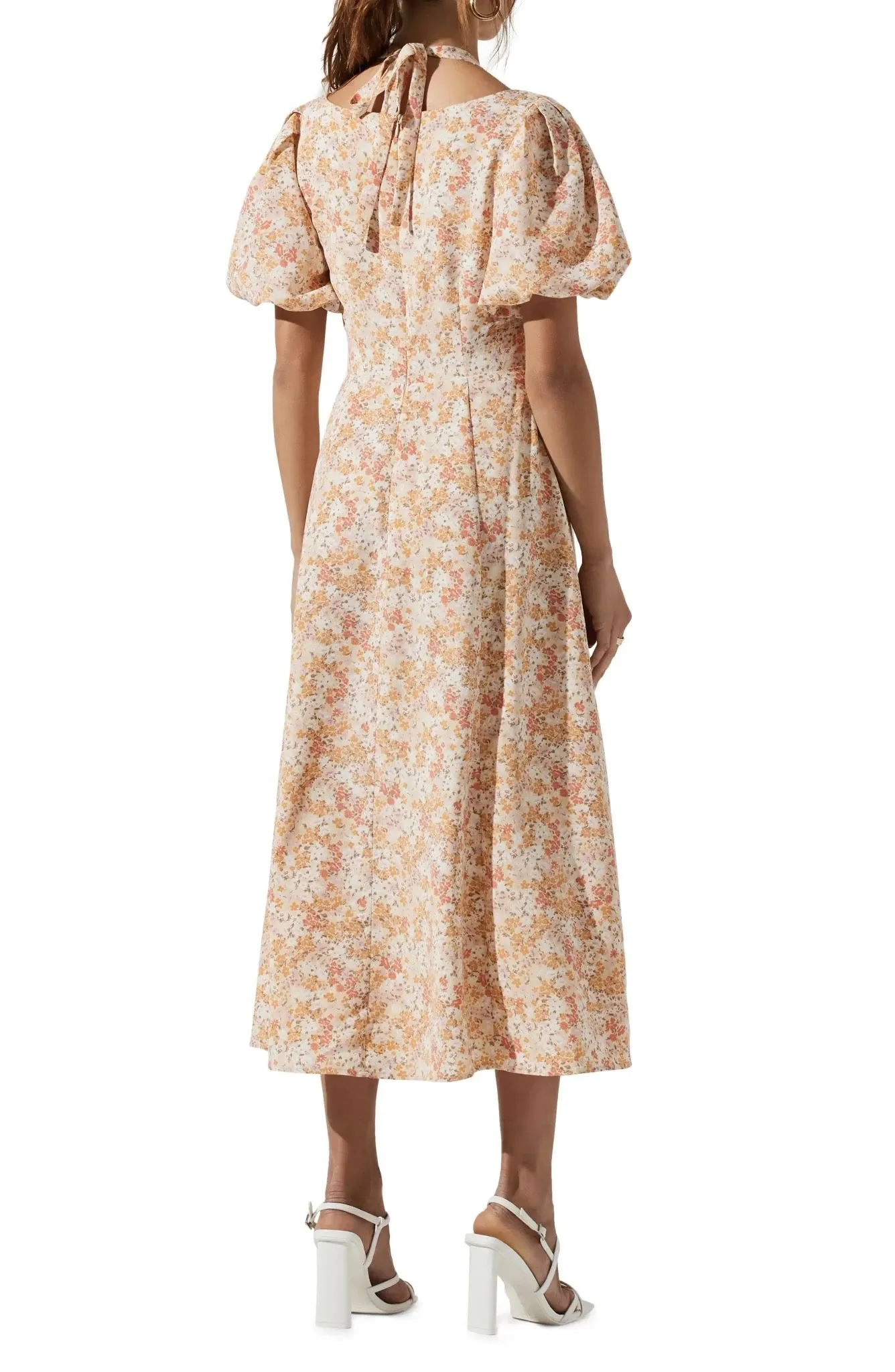 Floral Print Cutout Shoulder Midi Casual Dress