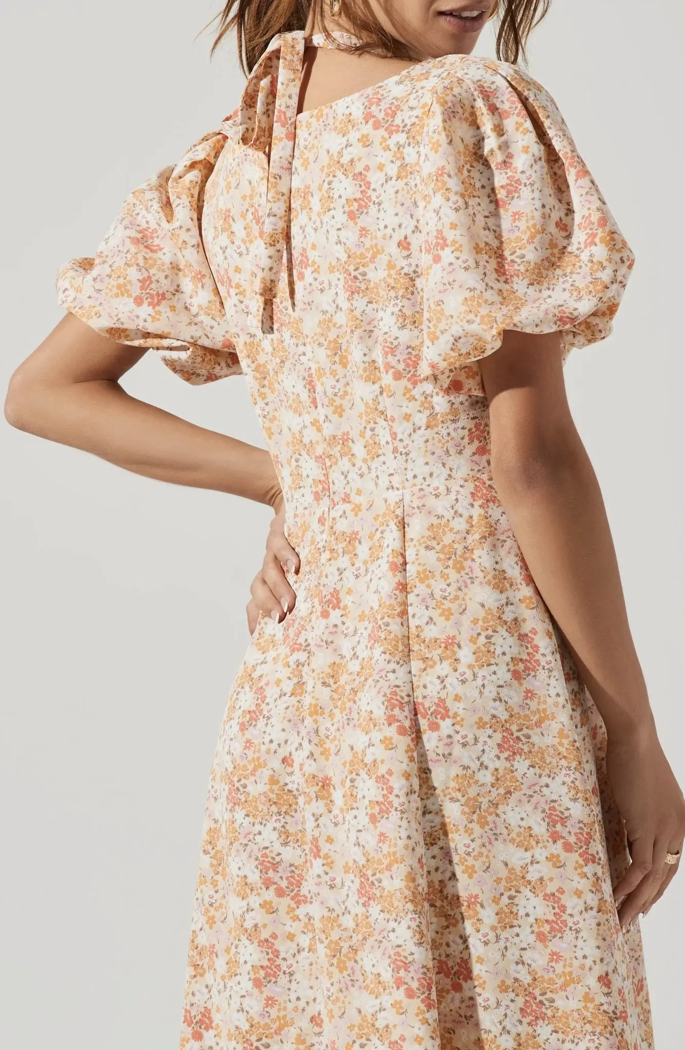 Floral Print Cutout Shoulder Midi Casual Dress