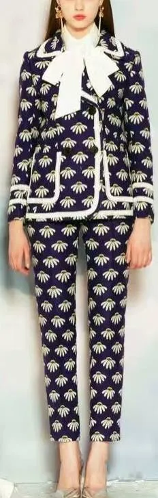 Floral Print Jacket & Pant Set in Navy Blue