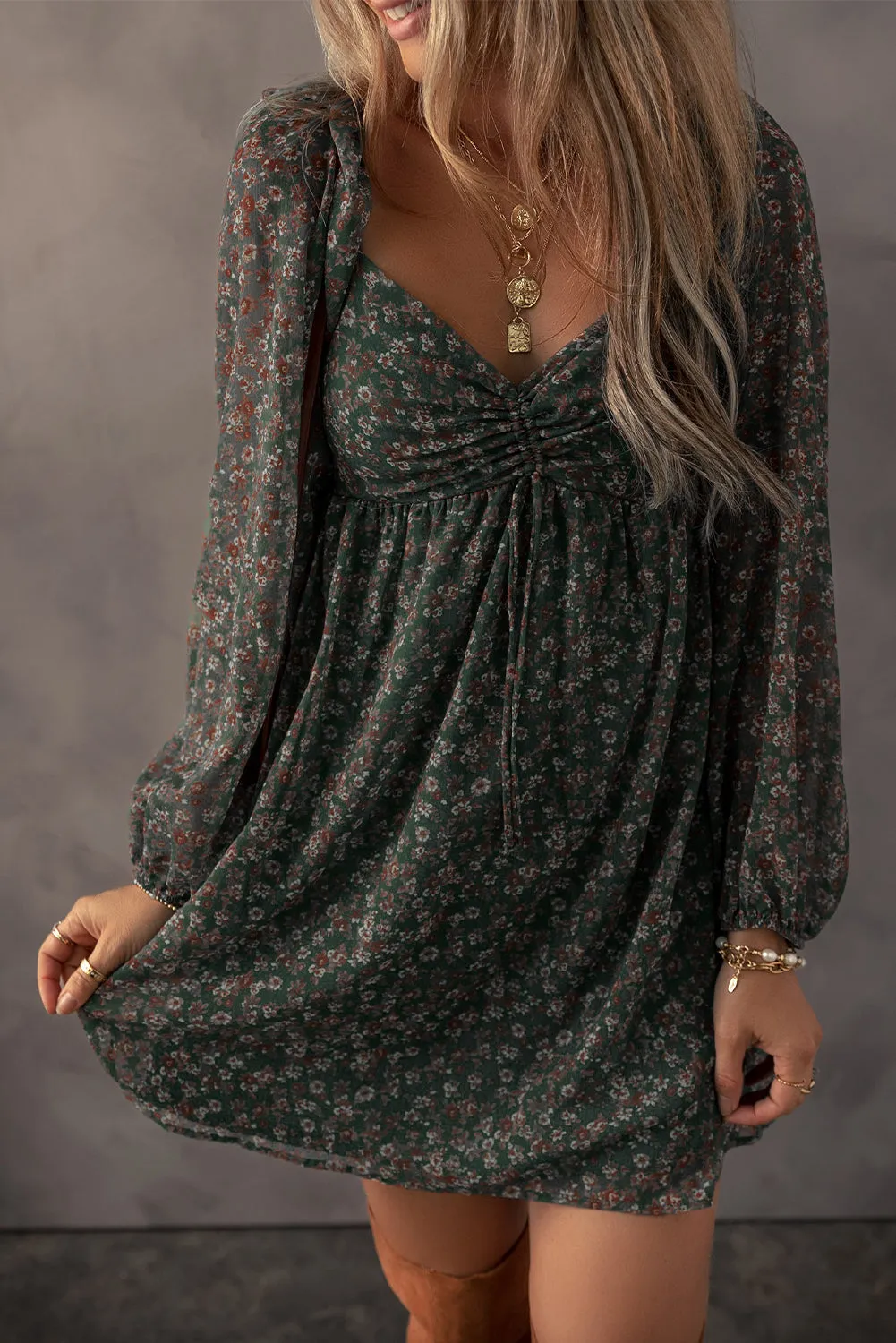 Floral Print Sweetheart Neck Mini Dress