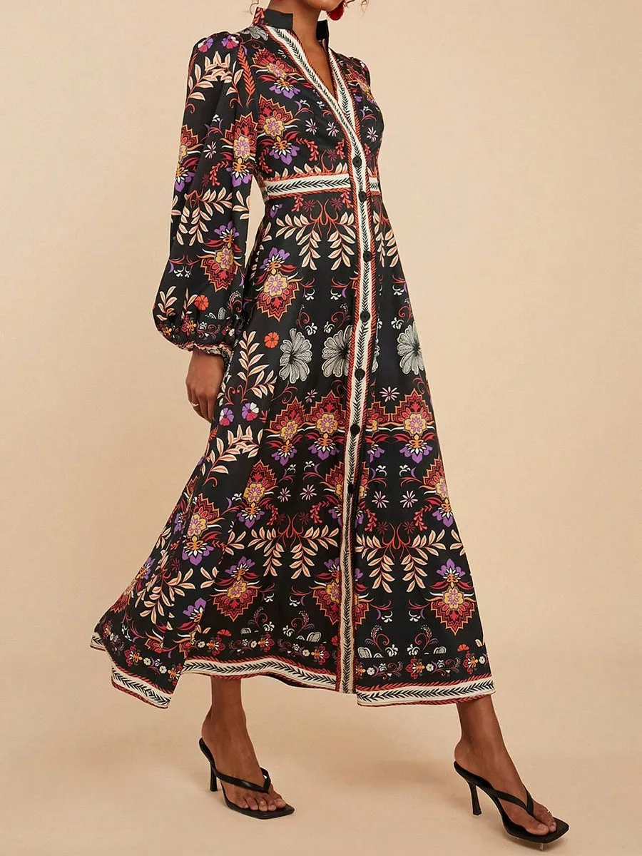 Floral Print V Neck Puffy Long Sleeve Dress